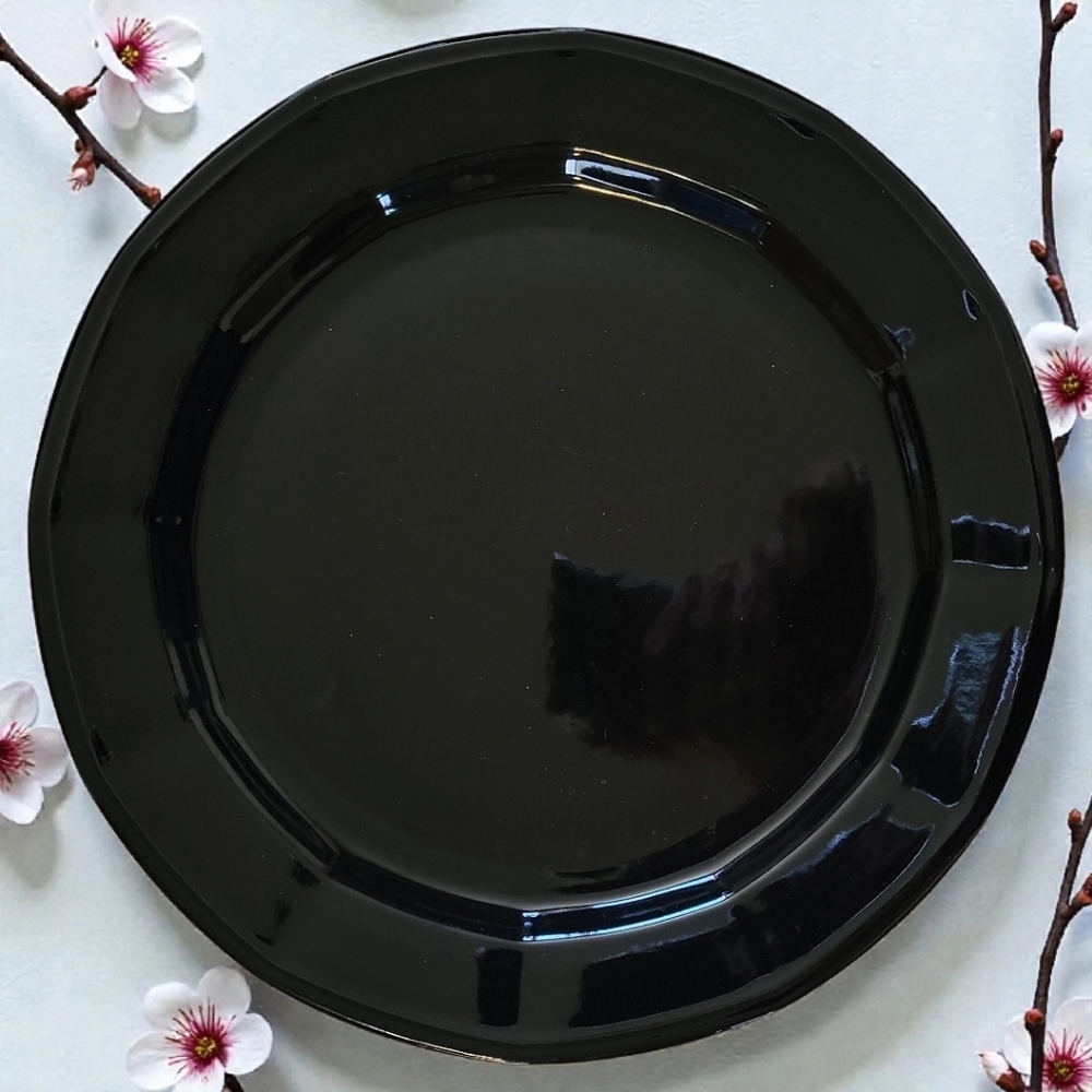 Vtg Set Of 2 Dinner Plates Glossy Black Stoneware Ceramic